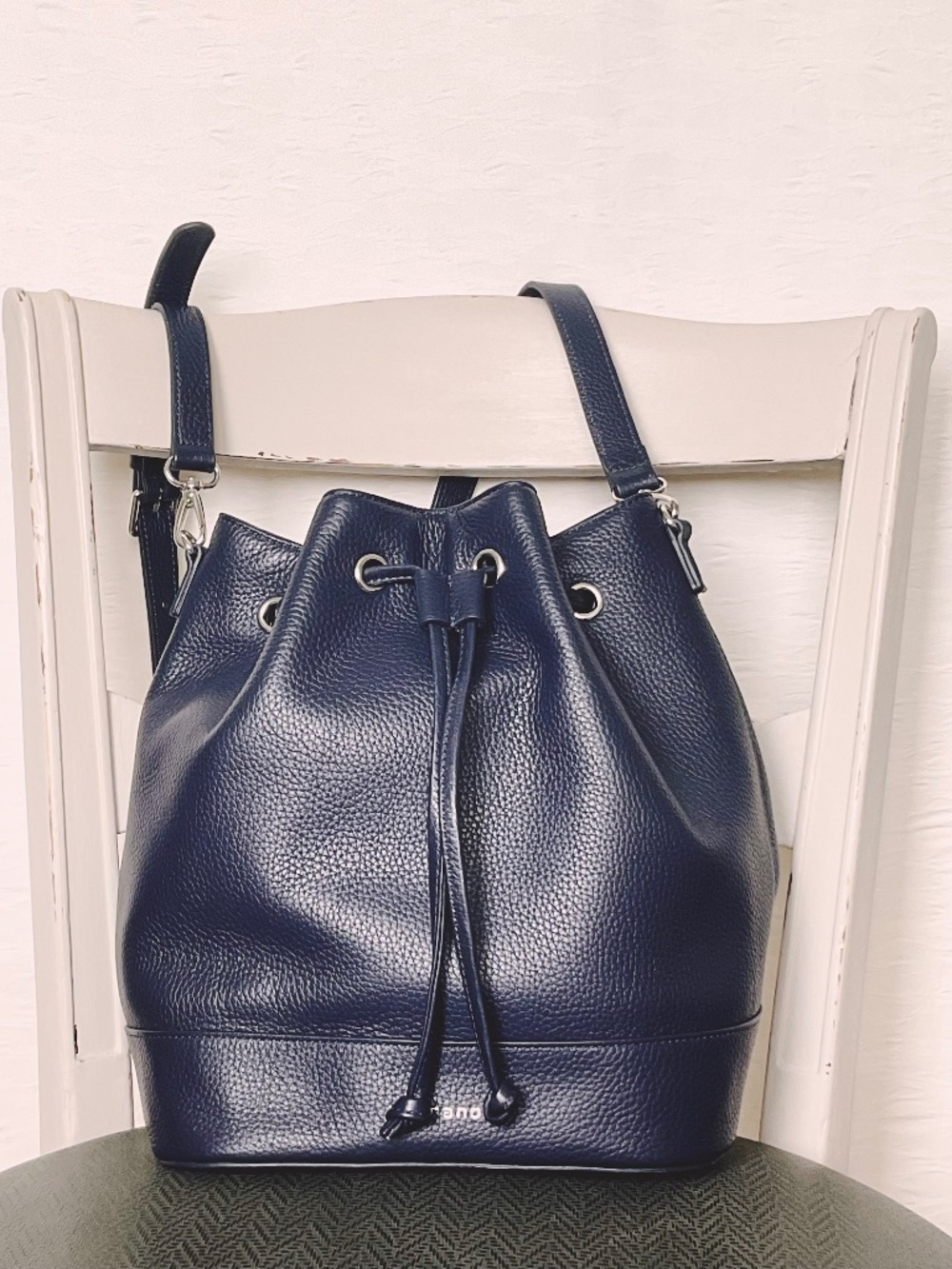 Soprano Leather Bucket Bag Crossbody Shoulder ‘Eleanor’ Navy Blue Pebble Leather